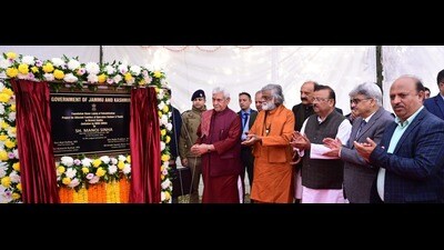 Lieutenant governor Manoj Sinha, on Tuesday, laid foundation stone for construction of 449 new homes for families affected due to recent natural calamities in Kathua and Samba districts. (HT Photo)