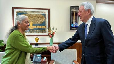 Union finance minister Nirmala Sitharaman interacts with the chairman of Temasek Holdings and senior advisor to the PM of Singapore, Teo Chee Hean, at Parliament House in New Delhi on Tuesday. (@nsitharamanoffc X) Union finance minister Nirmala Sitharaman interacts with the chairman of Temasek Holdings and senior advisor to the PM of Singapore, Teo Chee Hean, at Parliament House in New Delhi on Tuesday. (@nsitharamanoffc X)