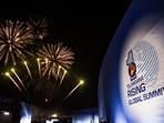 A firecracker show takes place during the release of the Telangana Rising 2047 Vision document at the Telangana Rising Global Summit at Bharat Future City, in Hyderabad on Tuesday. (PTI) A firecracker show takes place during the release of the Telangana Rising 2047 Vision document at the Telangana Rising Global Summit at Bharat Future City, in Hyderabad on Tuesday. (PTI)