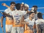India's players celebrate a goal during the FIH Junior Men's Hockey World Cup bronze medal match between India and Argentina in Chennai.