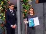 Machado, daughter of Venezuelan opposition leader Maria Corina Machado, at the 2025 Nobel Peace Prize presentation ceremony.