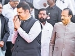 Nagpur: Maharashtra Chief Minister Devendra Fadnavis, state Deputy Chief Ministers Eknath Shinde, Ajit Pawar and others at Vidhan Bhavan during the Winter session of the state Assembly, in Nagpur, Tuesday, Dec. 9, 2025. (PTI Photo)(PTI12_09_2025_000203B) (PTI)
