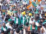 State BJP chief BY Vijayendra leads the protest march to the Suvarna Vidhana Soudha on Tuesday. (HT PHOTO)
