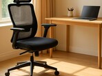 Workspace with a supportive office chair placed near a sunny corner, ready for long hours of focused work.(AI generated)