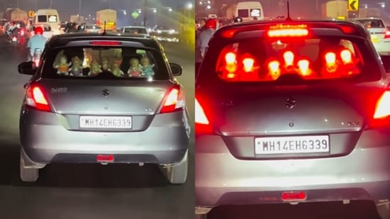 A car in Pune went viral after seven creepy dolls lit up inside its rear dashboard. (Instagram/throttle_xp)