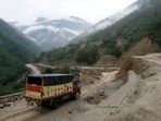 FILE PHOTO: A liquefied petroleum gas (LPG) delivery truck drives along India's Tezpur-Tawang highway which runs to the Chinese border, in Arunachal Pradesh.