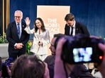Maria Corina Machado, laureate of the 2025 Nobel Peace Prize (in the middle) with Kristian Berg Harpviken, director of the Norwegian Nobel Institute (L) and Jorgen Watne Frydnes, chair of the Norwegian Nobel Committee (R) following a news conference in Oslo, Norway, on Thursday, Dec. 11, 2025. Maria Corina Machado, laureate of the 2025 Nobel Peace Prize (in the middle) with Kristian Berg Harpviken, director of the Norwegian Nobel Institute (L) and Jorgen Watne Frydnes, chair of the Norwegian Nobel Committee (R) following a news conference in Oslo, Norway, on Thursday, Dec. 11, 2025.