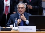 Pakistan's Deputy Prime Minister aattends a roundtable session of the EU Indo-Pacific Ministerial Forum meeting at the European Council building in Brussels.