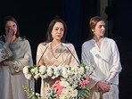 Hema Malini with her daughters during the prayer meeting for the late actor Dharmendra at the Dr. Ambedkar International Centre, in New Delhi. (Photo by Sanjeev Verma/ Hindustan Times)