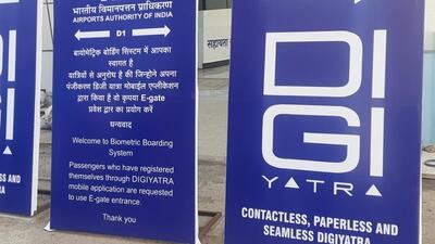 Pune, India - Janaury 11, 2023: Flexs displaying information regarding the placement of DigiYatra system, a virtual method of facial verification placed at D1 Terminal of the Pune International Airport, in Pune, India, on Wednesday, January 11, 2023. (HT PHOTO) (Hindustan Times)