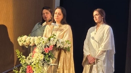 Hema Malini along with her daughters at the prayer meet.