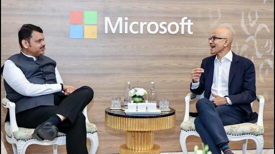 Mumbai, Dec 12 (ANI): Maharashtra Chief Minister Devendra Fadnavis meets the Chairman and CEO Microsoft, Satya Nadella, at Microsoft AI Tour, Mumbai' programme, in Mumbai on Friday. (@Dev_Fadnavis X/ANI Photo) (@Dev_Fadnavis X)