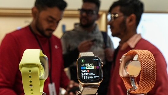 Apple watches being displayed during the launch of the company's new store in Noida.(PTI)