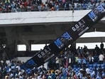 Angry fans vandalised banners, threw bottles, ripped up seats and threw them on the pitch after Argentina football star Lionel Messi's early departure from the Salt Lake Stadium during his India Tour in Kolkata, on Saturday. (Samir Jana/ Hindustan Times) Angry fans vandalised banners, threw bottles, ripped up seats and threw them on the pitch after Argentina football star Lionel Messi's early departure from the Salt Lake Stadium during his India Tour in Kolkata, on Saturday. (Samir Jana/ Hindustan Times)
