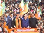 BJP national president JP Nadda, state party chief Rajeev Bindal, leader of opposition and former chief minister Jai Ram Thakur, and MP Anurag Thakur during the Abhinandan Samaroh in Shimla on Saturday. (Deepak Sansta/HT) BJP national president JP Nadda, state party chief Rajeev Bindal, leader of opposition and former chief minister Jai Ram Thakur, and MP Anurag Thakur during the Abhinandan Samaroh in Shimla on Saturday. (Deepak Sansta/HT)