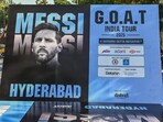 Workers carry a poster of Argentina's footballer Lionel Messi in Hyderabad on December 12, 2025. Lionel Messi will unveil a 21-metre (70-foot) statue of himself in India on December 13 as he embarks on a three-day tour of the country that has sparked a fan frenzy. Workers carry a poster of Argentina's footballer Lionel Messi in Hyderabad on December 12, 2025. Lionel Messi will unveil a 21-metre (70-foot) statue of himself in India on December 13 as he embarks on a three-day tour of the country that has sparked a fan frenzy.