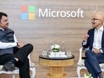 Mumbai, Dec 12 (ANI): Maharashtra Chief Minister Devendra Fadnavis meets the Chairman and CEO Microsoft, Satya Nadella, at Microsoft AI Tour, Mumbai' programme, in Mumbai on Friday. (@Dev_Fadnavis X/ANI Photo) (@Dev_Fadnavis X)