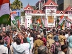 Thiruvananthapuram: Congress supporters celebrate outside a polling center during the counting of votes after party's victory in Kerala's local body elections on Saturday.