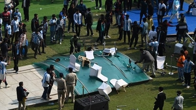 There was plenty of anger within the fans in the air as they paid thousands of rupees to organisers to see Lionel Messi himself. Once he left after spending 20 minutes inside the venue, the supporters started hurling bottles, chairs and what not. The police failed to gather control and absolute wild scenes were witnessed. (HT Photo ) There was plenty of anger within the fans in the air as they paid thousands of rupees to organisers to see Lionel Messi himself. Once he left after spending 20 minutes inside the venue, the supporters started hurling bottles, chairs and what not. The police failed to gather control and absolute wild scenes were witnessed. (HT Photo )