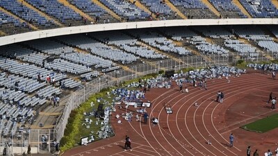 Just seconds after Messi left the stadium premises, the temporary structures and tents inside the stadium were vandalised by angry fans. Bottles were hurled and fibreglass seats were damaged, leading to the police having to intervene. (HT Photo ) Just seconds after Messi left the stadium premises, the temporary structures and tents inside the stadium were vandalised by angry fans. Bottles were hurled and fibreglass seats were damaged, leading to the police having to intervene. (HT Photo )