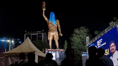 Partially covered 70-feet statue of Lionel Messi, to be unveiled by the World Cup winning star during his visit to Kolkata. (PTI) Partially covered 70-feet statue of Lionel Messi, to be unveiled by the World Cup winning star during his visit to Kolkata. (PTI)