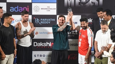Telangana Chief Minister Revanth Reddy felicitates Messi with a token of appreciation. (PTI) Telangana Chief Minister Revanth Reddy felicitates Messi with a token of appreciation. (PTI)