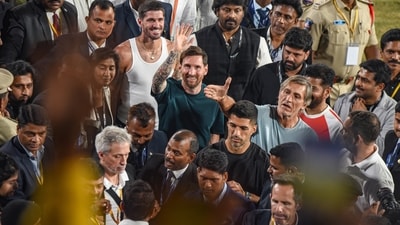 Lionel Messi greets fans in Hyderabad. (PTI) Lionel Messi greets fans in Hyderabad. (PTI)