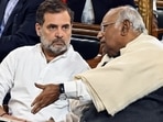 Congress leaders Rahul Gandhi and Mallikarjun Kharge in New Delhi. 