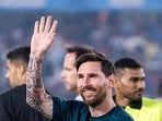  Argentine footballer Lionel Messi waves during his G.O.A.T India Tour 2025 at Rajiv Gandhi International Cricket Stadium, in Hyderabad, on Saturday.