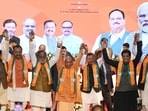 BJP leaders at the Sangathan Parv in Lucknow on Sunday. (Deepak Gupta/HT) BJP leaders at the Sangathan Parv in Lucknow on Sunday. (Deepak Gupta/HT)