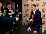 Heisman Trophy winner quarterback Fernando Mendoza of the Indiana Hoosiers talks to the media