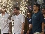 Lionel Messi, Luis Suarez and Rodrigo De Paul arrive for GOAT India Tour at Wankhede Stadium in Mumbai on Sunday. (Anshuman Poyrekar/HT Photo)