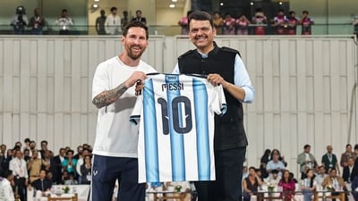 Lionel Messi also presented his Argentina jersey to Maharashtra CM Devendra Fadnavis, one of the prominent attendees at the event. (PTI)