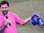 Argentina's football icon Lionel Messi addresses the crowd at the Arun Jaitley Stadium in New Delhi on Monday. (AFP) Argentina's football icon Lionel Messi addresses the crowd at the Arun Jaitley Stadium in New Delhi on Monday. (AFP)