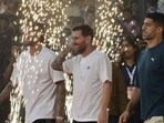 Lionel Messi, Luis Suarez and Rodrigo De Paul at Wankhede Stadium in Mumbai on Sunday. Lionel Messi, Luis Suarez and Rodrigo De Paul at Wankhede Stadium in Mumbai on Sunday.