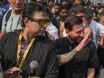 Lionel Messi, front right, organiser Satadru Datta, front left, and others during the 'G.O.A.T. India Tour 2025' event, at Vivekananda Yuba Bharati Krirangan Lionel Messi, front right, organiser Satadru Datta, front left, and others during the 'G.O.A.T. India Tour 2025' event, at Vivekananda Yuba Bharati Krirangan