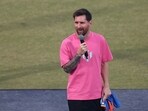 Lionel Messi speaks to fans in New Delhi.