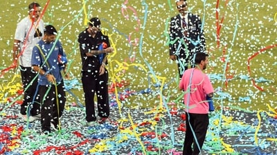 Lionel Messi, Luis Suárez, and Rodrigo De Paul get felicitated. (Naveen Sharma) Lionel Messi, Luis Suárez, and Rodrigo De Paul get felicitated. (Naveen Sharma)