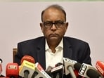 Dinesh Waghmare, Maharashtra State Election Commissioner(C) addressing to the media, during announcement of the scheduled elections of 29 municipal corporations across the state, including the Brihanmumbai Municipal Corporation (BMC), at Sahyadri Guest house in Mumbai. (Anshuman Poyrekar/HT Photo) Dinesh Waghmare, Maharashtra State Election Commissioner(C) addressing to the media, during announcement of the scheduled elections of 29 municipal corporations across the state, including the Brihanmumbai Municipal Corporation (BMC), at Sahyadri Guest house in Mumbai. (Anshuman Poyrekar/HT Photo)