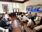 Jharkhand rural development minister Deepika Pandey Singh with LoP Babulal Marandi meet Union panchayati raj minister Lalan Singh in New Delhi on Tuesday (HT PHOTO) Jharkhand rural development minister Deepika Pandey Singh with LoP Babulal Marandi meet Union panchayati raj minister Lalan Singh in New Delhi on Tuesday (HT PHOTO)
