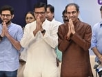Mumbai, India - June 15, 2024: Aditya Thackeray, Balasaheb Thorat, Uddhav Thackeray, Sharad Pawar, Prithviraj Chavan, after addressing to media, during MVA joint press conference at YB Centre, in Mumbai, India, on Saturday, June 15, 2024. (Photo by Anshuman Poyrekar/ Hindustan Times) (Hindustan Times)
