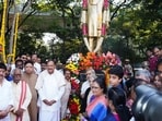 The statue was unveiled on the premises of the Ravindra Bharati cultural centre on Monday. (HTPHOTO)