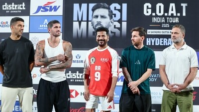 Footballer Lionel Messi with Rodrigo De Paul, Luis Suárez, Lok Sabha LoP Rahul Gandhi and Telangana Chief Minister Revanth Reddy during his G.O.A.T India Tour 2025, in Hyderabad. (AICC) Footballer Lionel Messi with Rodrigo De Paul, Luis Suárez, Lok Sabha LoP Rahul Gandhi and Telangana Chief Minister Revanth Reddy during his G.O.A.T India Tour 2025, in Hyderabad. (AICC)