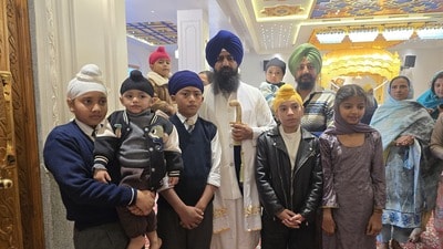 Akal Takht jathedar Giani Kuldeep Singh Gargaj with children in Shillong on Tuesday.