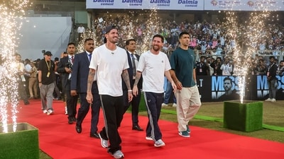 Lionel Messi, Rodri de Paul and Luis Suarez acknowledged the fans' love on the four-nations tour to India. (PTI) Lionel Messi, Rodri de Paul and Luis Suarez acknowledged the fans' love on the four-nations tour to India. (PTI)