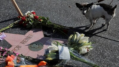 The dog Chevy walks next to flowers placed at Rob Reiner's star on the Hollywood Walk of Fame, after the actor-director and political activist and his wife were found dead, in Los Angeles, California, U.S., December 15, 2025. REUTERS/Daniel Cole (REUTERS)