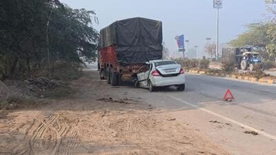 The car that rammed into a truck parked along the Bathinda-Barnala highway near Ghunas village on Monday night. (HT Photo)