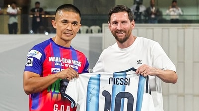 Argentine footballer Lionel Messi with Indian footballer Sunil Chhetri during the 'GOAT India Tour 2025', at Wankhede Stadium, in Mumbai. (PTI) Argentine footballer Lionel Messi with Indian footballer Sunil Chhetri during the 'GOAT India Tour 2025', at Wankhede Stadium, in Mumbai. (PTI)