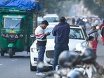 Delhi Traffic Police personnel conduct a search operation to check non-Delhi-registered BS-IV vehicles at the Taimoor Nagar area in New Delhi on Wednesday. (RAJ K RAJ /HT PHOTO) Delhi Traffic Police personnel conduct a search operation to check non-Delhi-registered BS-IV vehicles at the Taimoor Nagar area in New Delhi on Wednesday. (RAJ K RAJ /HT PHOTO)