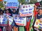 Jharkhand Pradesh Congress Committee (JPCC) workers stage a protest outside the BJP office over the National Herald case, in Ranchi, Wednesday (PTI PHOTO) Jharkhand Pradesh Congress Committee (JPCC) workers stage a protest outside the BJP office over the National Herald case, in Ranchi, Wednesday (PTI PHOTO)